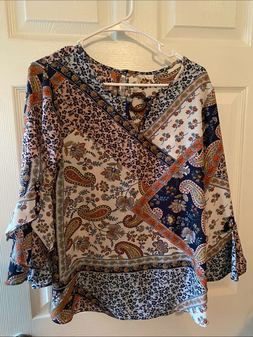 Patchwork Paisley Button-Loop Blouse — Navy and Cream